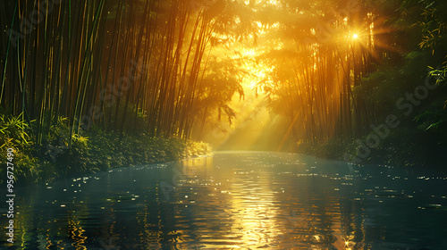 The bamboo forest with river and sun beams