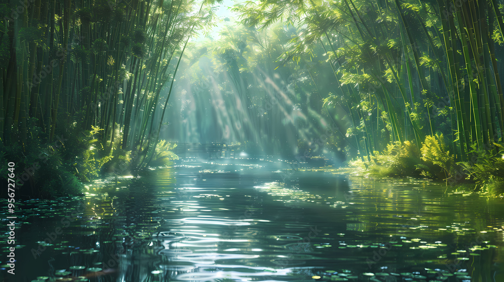 The bamboo forest with river and sun beams The bamboo forest with river and sun beams