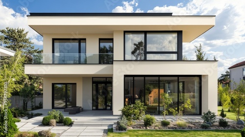 Exterior view of a modern two-story villa with cream-colored walls and sleek black glass windows, showcasing a contemporary architectural style in a serene neighborhood