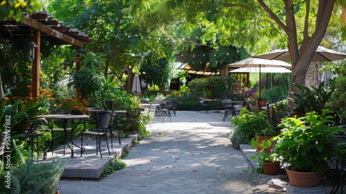 A lush public garden featuring a diverse array of plants, shaded pathways, and a charming outdoor cafe for visitors to relax and enjoy