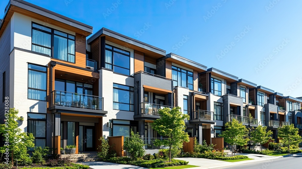 Exterior view of a row of contemporary townhouses, each with large windows, private balconies, and modern facades, set against a clear blue sky Exterior view of a row of contemporary townhouses, each with large windows, private balconies, and modern facades, set against a clear blue sky