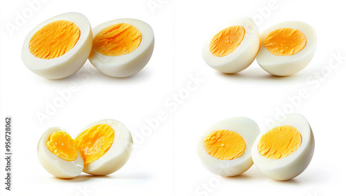 A hard-boiled egg, cut in half and placed on the left side of an isolated white background