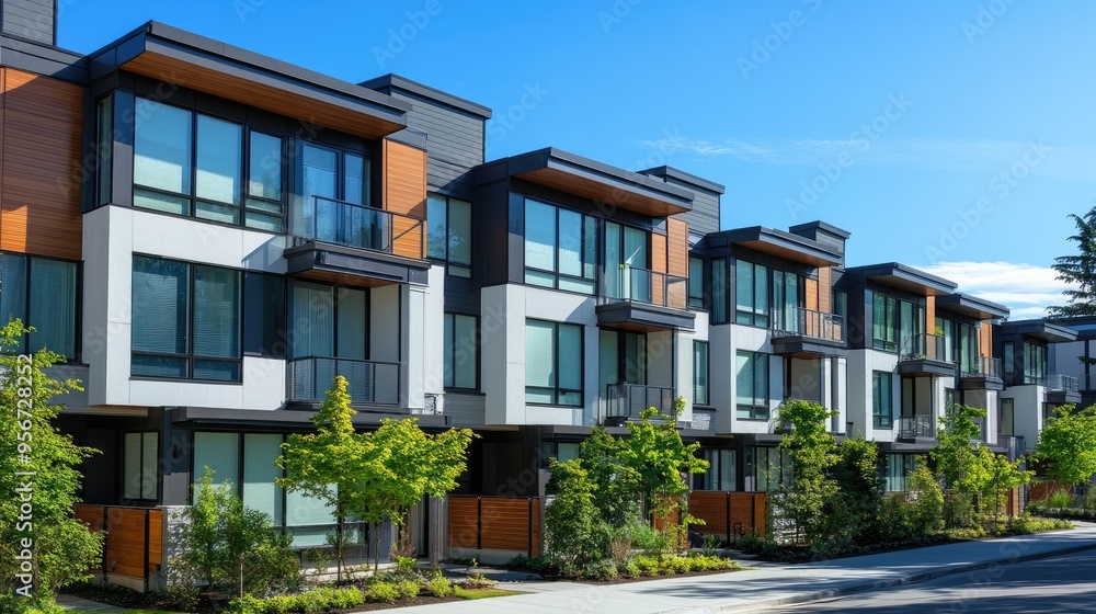 Exterior view of a row of contemporary townhouses, each with large windows, private balconies, and modern facades, set against a clear blue sky Exterior view of a row of contemporary townhouses, each with large windows, private balconies, and modern facades, set against a clear blue sky