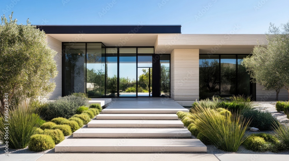 Front entrance of a modern home with a large glass door, minimalist landscaping, and a stylish path leading to the front door under a clear sky Front entrance of a modern home with a large glass door, minimalist landscaping, and a stylish path leading to the front door under a clear sky