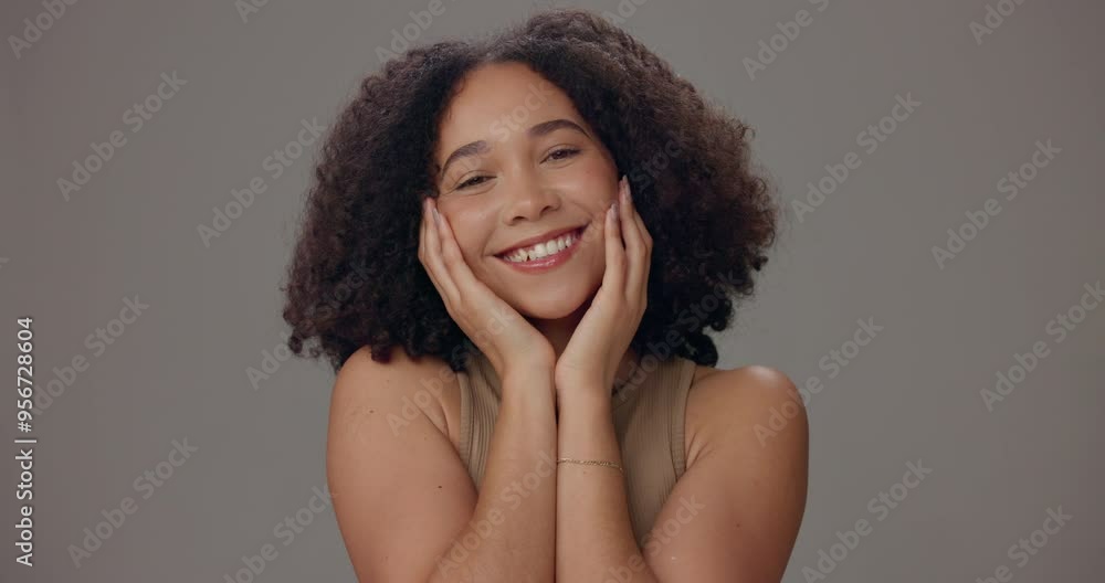 Woman, portrait and smile for skincare, beauty or cosmetics on gray studio background. Happy African model, glow and satisfied with treatment, dermatology and natural skin health for wellness Woman, portrait and smile for skincare, beauty or cosmetics on gray studio background. Happy African model, glow and satisfied with treatment, dermatology and natural skin health for wellness