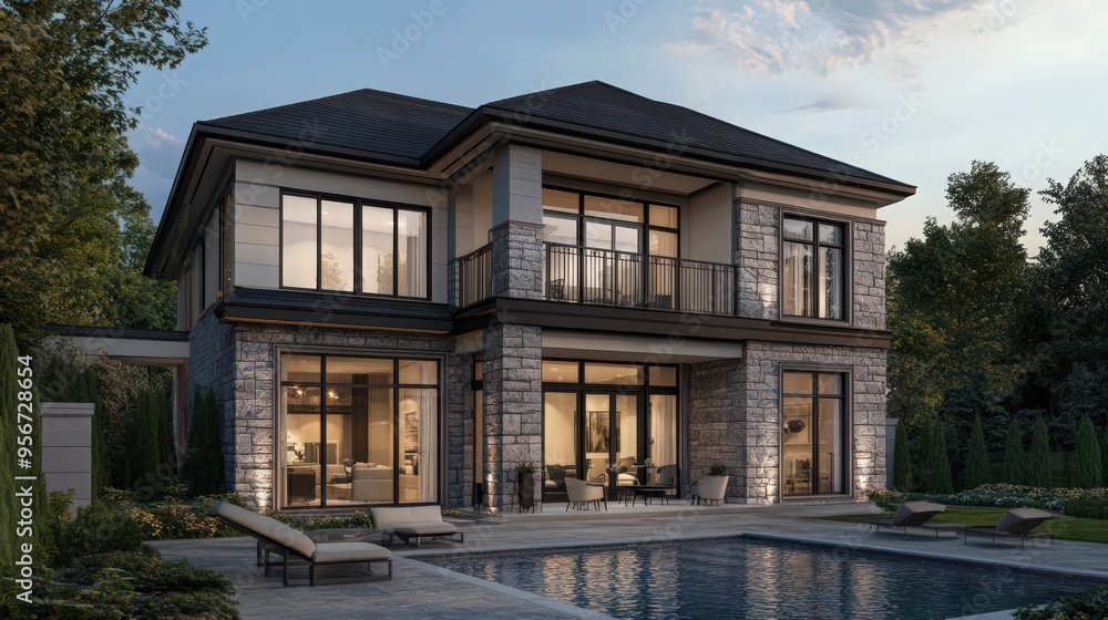 A luxurious 2-storey house featuring a modern exterior with stone cladding, expansive windows A luxurious 2-storey house featuring a modern exterior with stone cladding, expansive windows