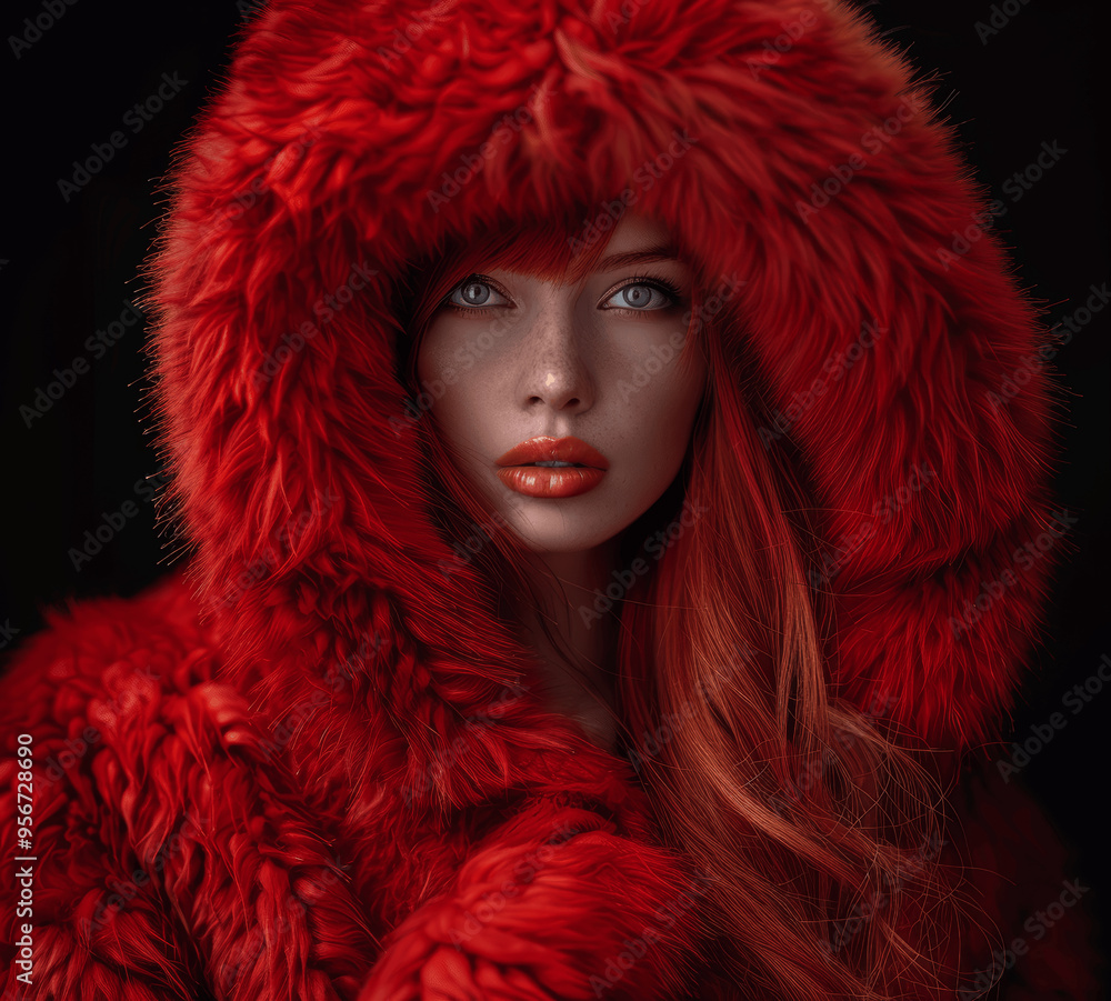 Close Up Portrait Of Woman With Blue Eyes And Red Hair In Red Fur Hooded Coat Close Up Portrait Of Woman With Blue Eyes And Red Hair In Red Fur Hooded Coat