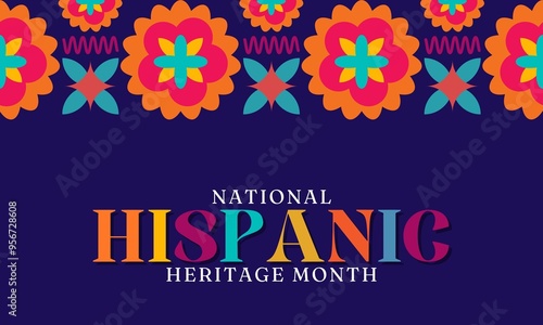 Hispanic heritage month banner. Mexican and spanish ethnic pattern of bright color flowers and geometric shapes.