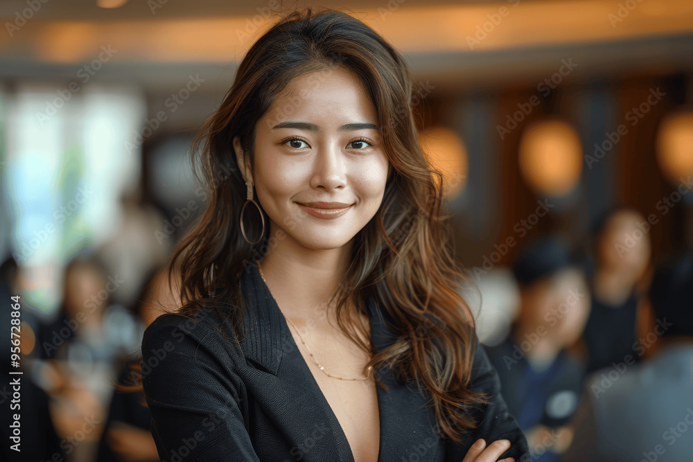 Young Woman With Long Wavy Hair In Black Blazer Standing Indoors Smiling Confidently Young Woman With Long Wavy Hair In Black Blazer Standing Indoors Smiling Confidently