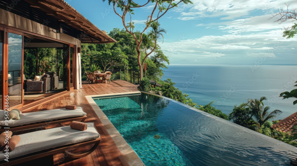 A luxurious tropical island villa with an expansive deck, private pool, and panoramic views of the ocean and surrounding lush landscape A luxurious tropical island villa with an expansive deck, private pool, and panoramic views of the ocean and surrounding lush landscape