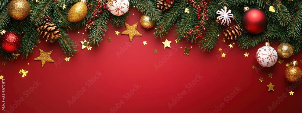 Merry Christmas banner background with pine branches, adorned with golden stars, red, white, and yellow ornaments. Christmas balls Xmas card, Christmas background, Xmas greeting. Merry Christmas banner background with pine branches, adorned with golden stars, red, white, and yellow ornaments. Christmas balls Xmas card, Christmas background, Xmas greeting.