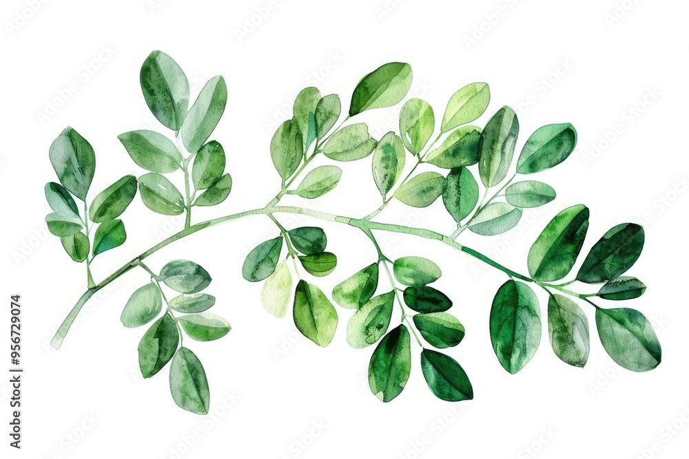 Fresh Green Herbal Leaf. Watercolor Illustration of Nutritious Moringa Leaf Isolated on White Background Fresh Green Herbal Leaf. Watercolor Illustration of Nutritious Moringa Leaf Isolated on White Background