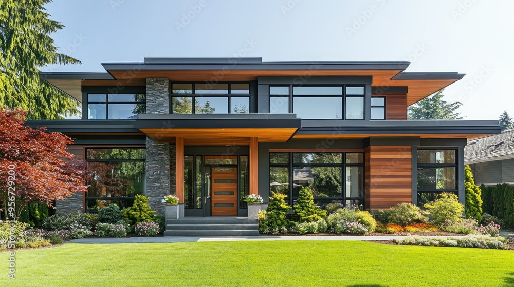 Front view of a modern home with a combination of wood, metal, and glass, featuring large windows and a well-manicured front yard under a clear sky