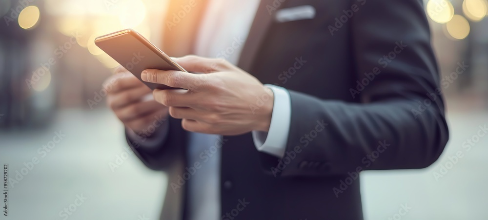 A businessman in a suit holding a smart phone and using it, with a blurred background, bokeh effect, shallow depth of field, focus on the phone screen. A businessman in a suit holding a smart phone and using it, with a blurred background, bokeh effect, shallow depth of field, focus on the phone screen.