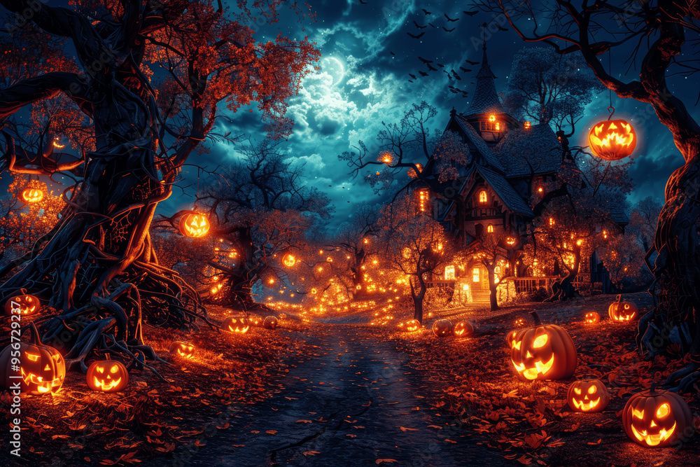Spooky Halloween Haunted House With Glowing Jack-o'-Lanterns And Full Moon Spooky Halloween Haunted House With Glowing Jack-o'-Lanterns And Full Moon