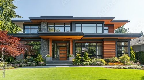 Front view of a modern home with a combination of wood, metal, and glass, featuring large windows and a well-manicured front yard under a clear sky