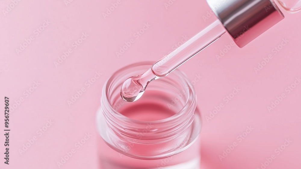 Close-up of a dropper releasing a crystal-clear serum into a glass jar against a soft pink background showcasing skincare products Close-up of a dropper releasing a crystal-clear serum into a glass jar against a soft pink background showcasing skincare products