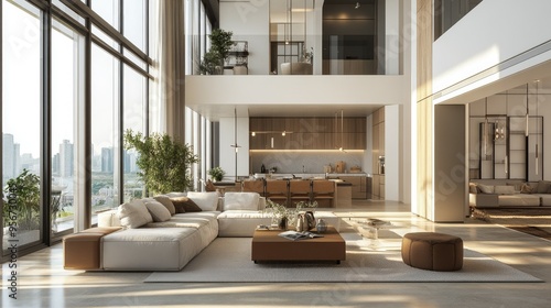 Inside view of a spacious, luxury living room in a modern apartment with elegant furniture, large windows, and natural light streaming in, showcasing a cozy and stylish ambiance