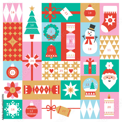 Cute, colourful Christmas holidays advent calendar for December sales, marketing, kids bight fun vector design