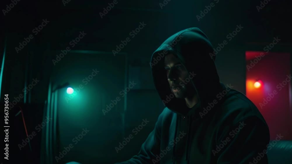 A hooded man sits in a dimly lit room, looking intently at a laptop screen. He is wearing a dark hoodie and is illuminated by a bright blue light. A hooded man sits in a dimly lit room, looking intently at a laptop screen. He is wearing a dark hoodie and is illuminated by a bright blue light.