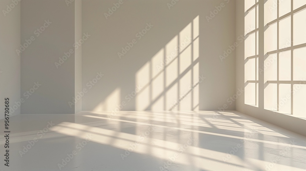 Obraz premium Minimalist Abstract White Background with Soft Shadows and Light Reflections, Ideal for Product Display or Advertising Backdrop in a Studio Setting