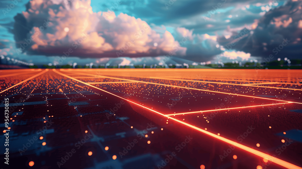 Fototapeta premium Futuristic Digital Landscape With Glowing Grid And Dramatic Sky