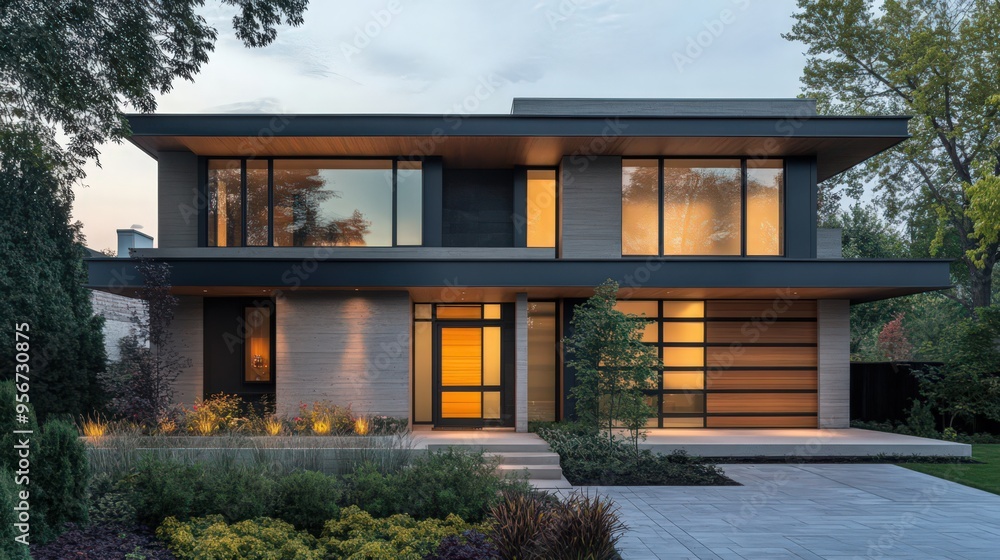 A modern 2-storey home with a flat roof, clean lines, and a facade featuring a mix of concrete, wood, and glass for a sleek and urban look. A modern 2-storey home with a flat roof, clean lines, and a facade featuring a mix of concrete, wood, and glass for a sleek and urban look.