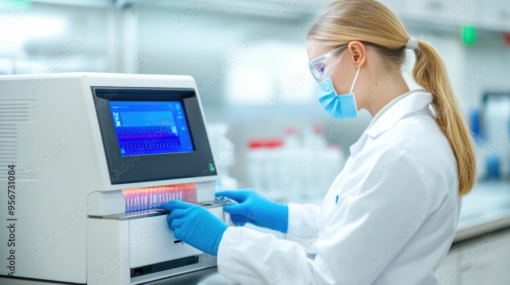 Scientist performing thorough molecular biology procedures with a thermal cycler device in a well equipped laboratory environment focusing on deep field of view and scientific equipment Scientist performing thorough molecular biology procedures with a thermal cycler device in a well equipped laboratory environment focusing on deep field of view and scientific equipment