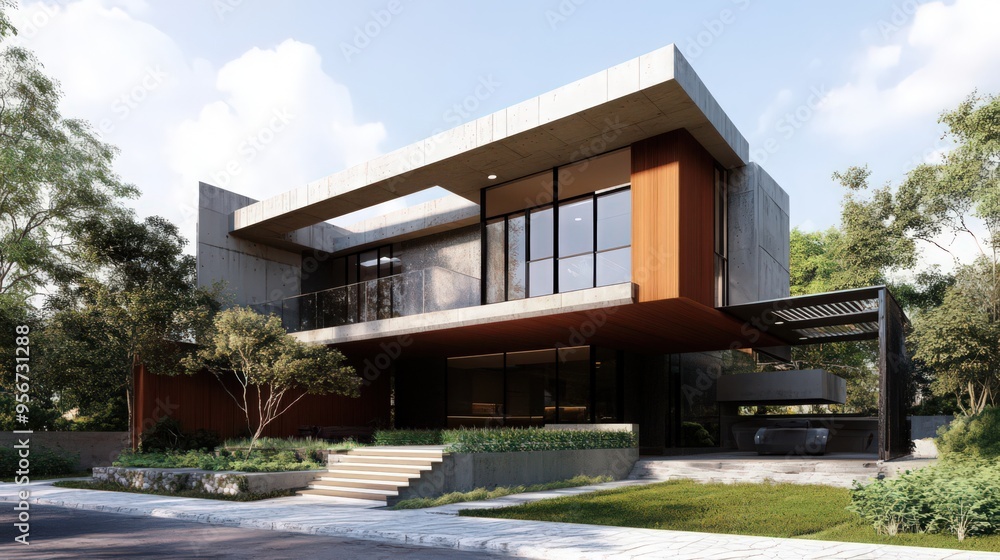 A modern 2-storey residence with a unique architectural design, including cantilevered sections, A modern 2-storey residence with a unique architectural design, including cantilevered sections,