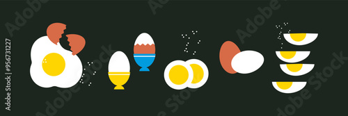 Egg collection. Abstract flat vector illustration with eggs. Fried egg. Boiled chicken egg in cup, cooked and cut into pieces. Eggs set. Perfect background for menu, poster, cover. Minimal design