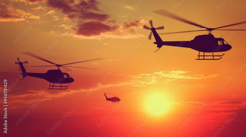 Helicopters Silhouetted Against Sunset Helicopters Silhouetted Against Sunset