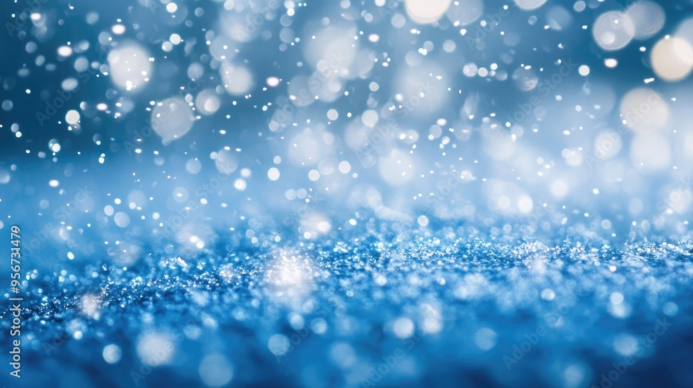Cold snowflakes gently falling with water droplets and white ice blur bokeh. Sparkling blue background creates a serene winter atmosphere. Perfect for seasonal themes Cold snowflakes gently falling with water droplets and white ice blur bokeh. Sparkling blue background creates a serene winter atmosphere. Perfect for seasonal themes