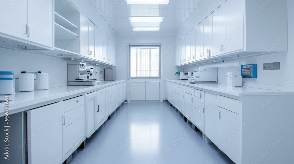 Cleanroom laboratory setting with strict protocols and procedures for precise contamination control and high tech scientific research and testing in a specialized organized Cleanroom laboratory setting with strict protocols and procedures for precise contamination control and high tech scientific research and testing in a specialized organized