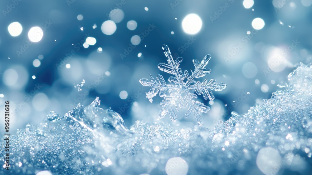 Fototapeta premium Cold snowflakes gently falling with water droplets and white ice blur bokeh. Sparkling blue background creates a serene winter atmosphere. Perfect for seasonal themes