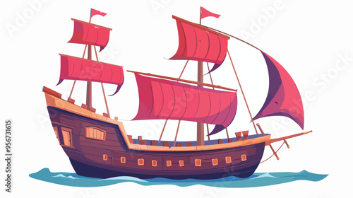 Old Wooden Ship Ancient Pirate Frigate with Red Sails