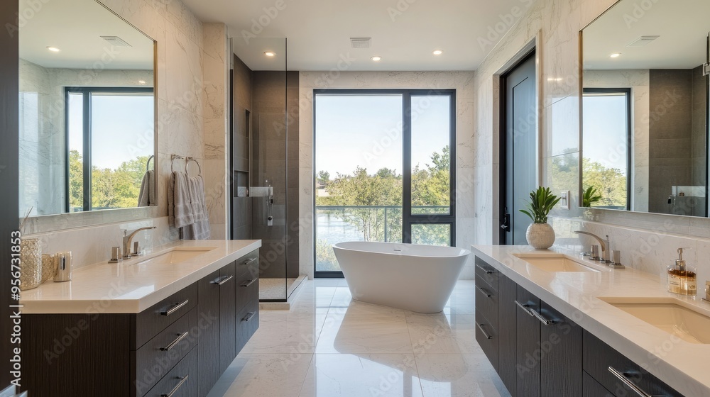Luxurious bathroom in a modern home with a freestanding bathtub, double sinks, and marble finishes, perfectly staged for real estate photos Luxurious bathroom in a modern home with a freestanding bathtub, double sinks, and marble finishes, perfectly staged for real estate photos