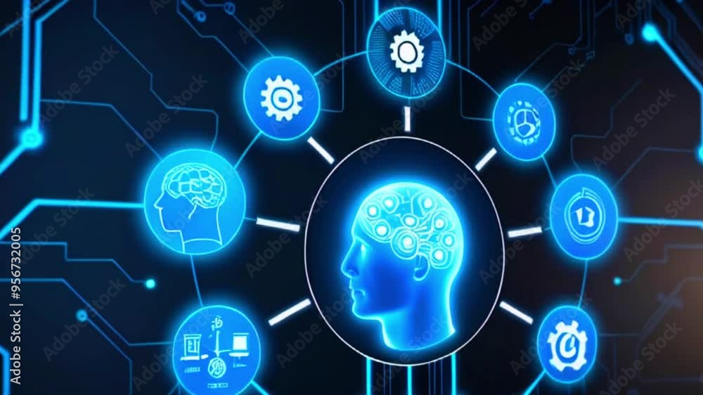 A blue digital illustration of a human head with a brain inside and a circuit board in the background. A blue digital illustration of a human head with a brain inside and a circuit board in the background.