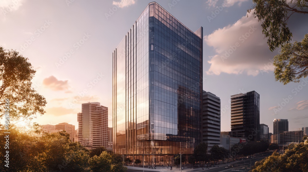 A modern office building with a sleek glass facade, towering over the cityscape, reflecting sunlight A modern office building with a sleek glass facade, towering over the cityscape, reflecting sunlight