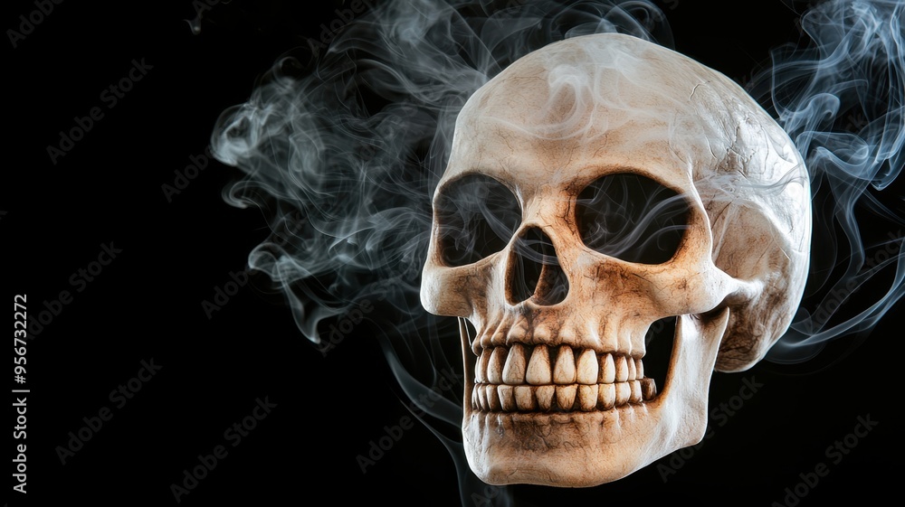 A detailed skull surrounded by wisps of smoke, creating an eerie yet captivating atmosphere for creative projects.