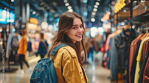 Joyful woman shopping for jeans in a stylish clothing store with vibrant displays and modern decor