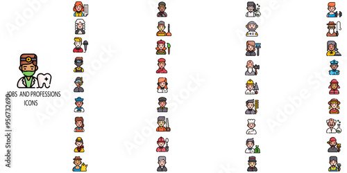 Jobs and professions simple concept 36 colour icons set. Contains such soldier, magician, sheriff, farmer, dj, administrator, priest .Vector illustration.