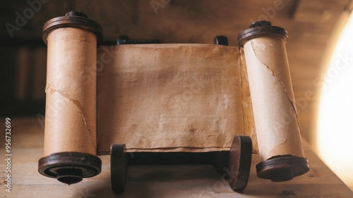 Ancient Opened Scroll in a synagogue. Medieval old papyrus or parchment manuscript scroll. Sun light shining on the background wall.  photo