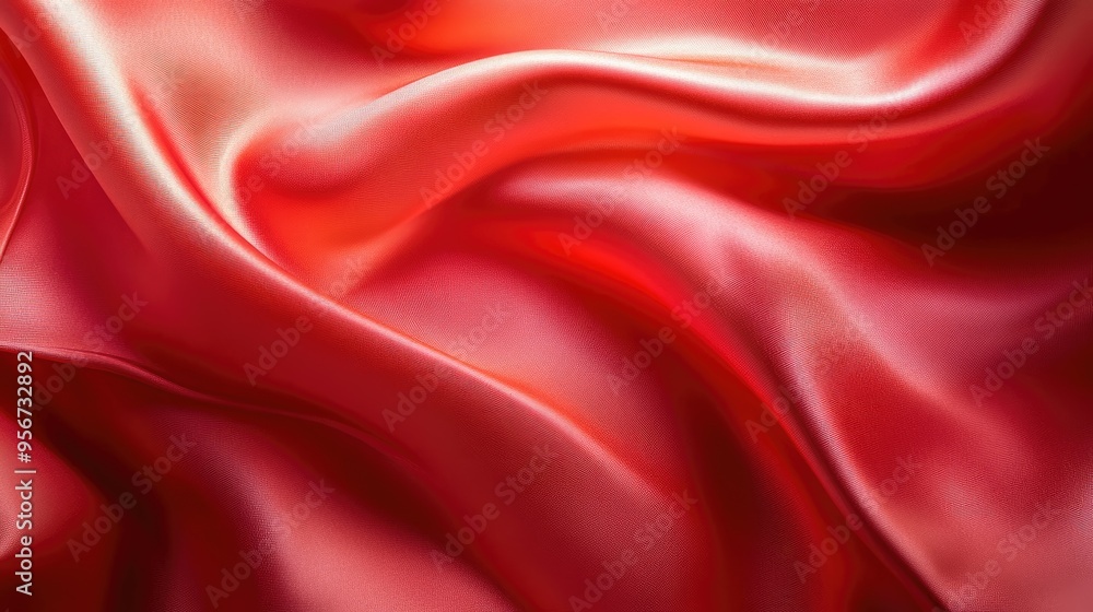Fototapeta premium Curved, flowing red fabric with a light crimson hue, reflecting light in a glossy, abstract pattern. The soft focus provides a stylish, elegant background.
