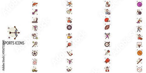 Sports simple concept 36 colour icons set. Contains such football, basketball, trophy, competition, medal, gym, volleyball .Vector illustration.