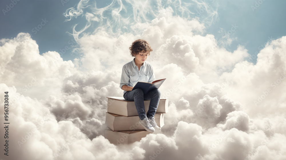 Young boy reading a book sitting on a stack of books above the clouds Young boy reading a book sitting on a stack of books above the clouds