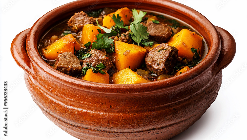 Stew with beef, pumpkin, and coriander in a brown ceramic bowl, isolated on a white background