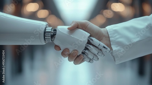 A robotic arm shakes hands with a human hand, symbolizing collaboration between technology and humanity in a modern environment.