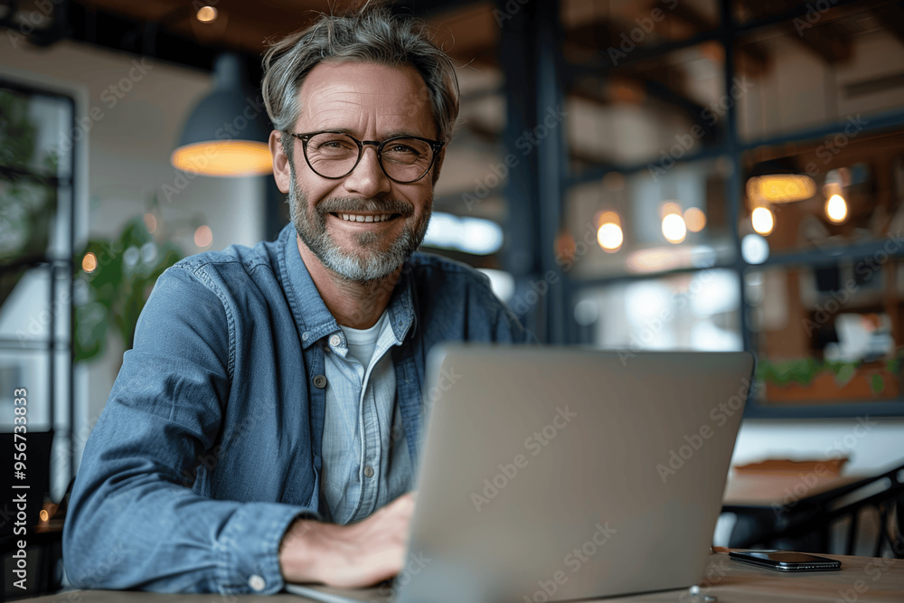 Middle Aged Man With Glasses Using Laptop In Cozy Cafe Middle Aged Man With Glasses Using Laptop In Cozy Cafe