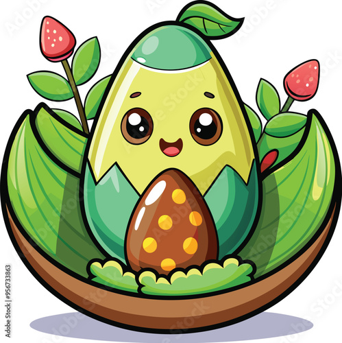 Cute Cartoon Avocado isolated | with a Sunglass & Christmas hat and siting on Easter egg etc