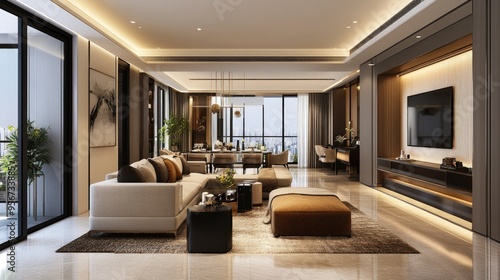 Wallpaper Mural Modern Bangkok condo with open-plan living and dining areas, stylish furnishings, and elegant decor, set up for the real estate market presentation Torontodigital.ca